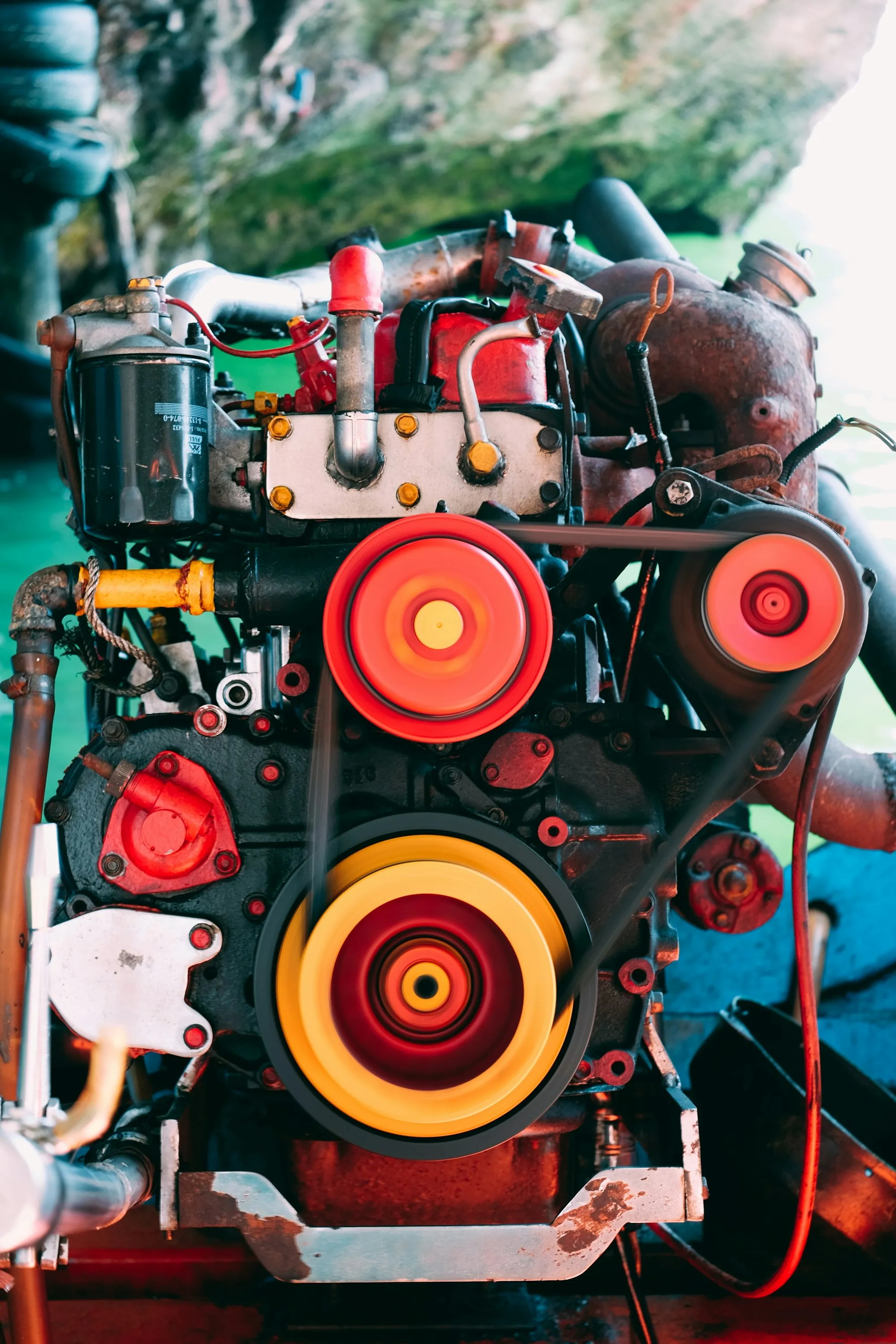 Engine bay of a car with the engine cover removed